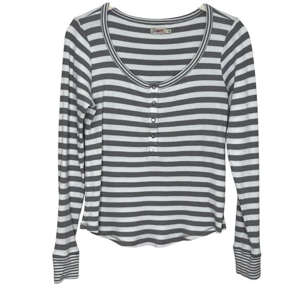 Faherty Top Size Small Gray White Cotton Striped Thermal Henley Long Sleeve - Picture 1 of 8